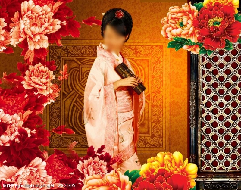 古风美女中国风古典文化牡丹宣传素材