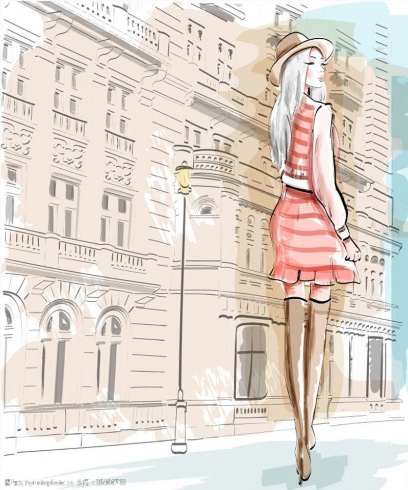 名城模型行走在城市街头的时尚美女手绘